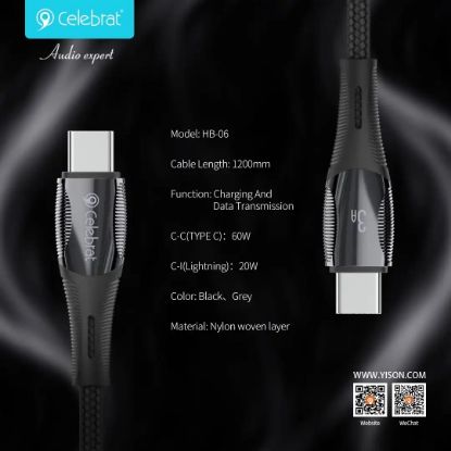 تصویر  کابل انتقال دیتا و شارژ تایپ سی به تایپ سی 1.2متری سلبریت مدل Celebrat HB-06 توان 60وات  با آلیاژ روی